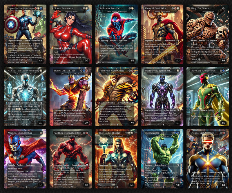M.a.r.v.e.l vs M.o.r.t.a.l. K.o.m.b.a.t, D.u.e.l Decks, 2 EDH Decks, K.e.n.r.i.t.h. the R.e.t.u.r.n.e.d K.i.n.g. vs C.a.p.t.a.i.n A.m.e.r.i.c.a EDH Deck, 216 Total Proxy Cards